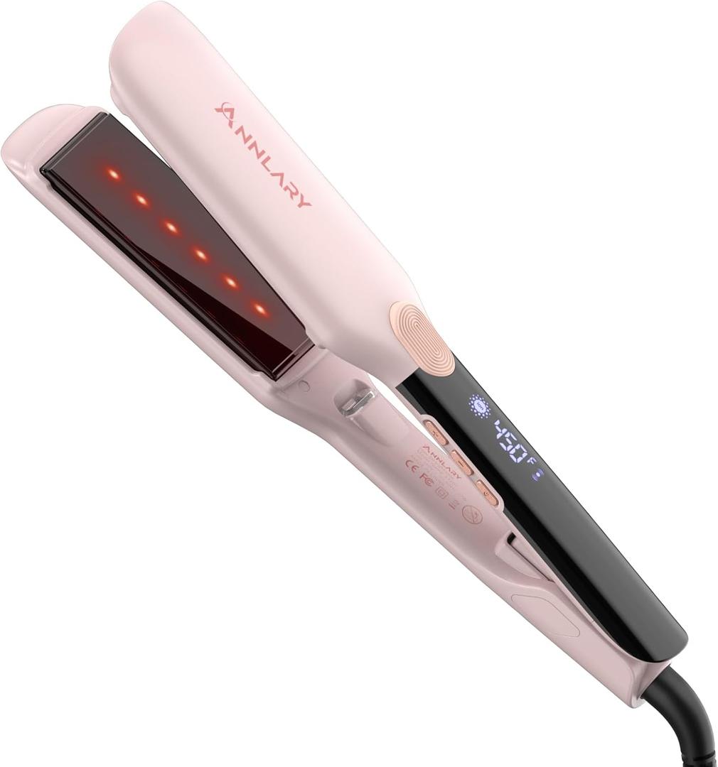ANNLARY Hair Straightener, 1.75 Inch Flat Iron with Infrared and Ionic Technology, Titanium Plate with Ceramic Coating Dual Voltage Straightener with Heat-Resistant Silicone for All Hair Types (Pink)