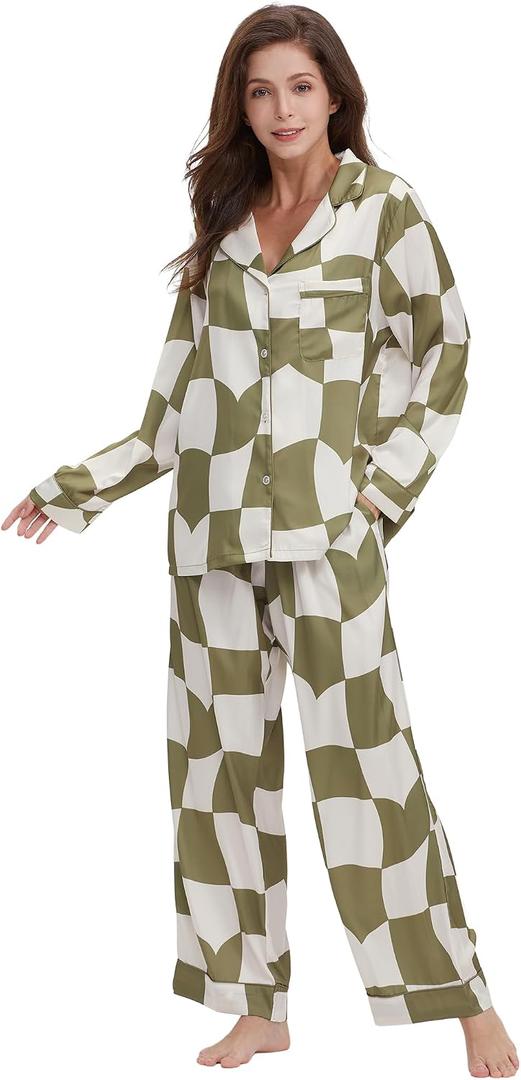 YiNi LuLu Womens Silk Satin Pajamas Set Button Down 2 Piece Pjs Long Sleeve Oversized Sleepwear with Pockets (Green, XXL)
