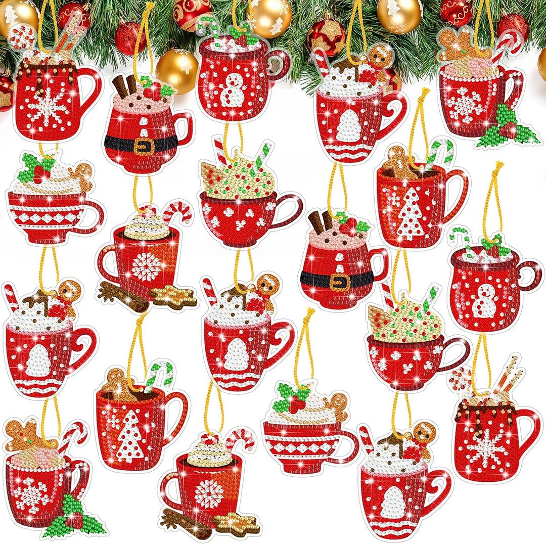 Skylety 20 Pcs Christmas Diamond Art Ornaments Kit Cute Hot Cocoa 5d Diamond Painting Ornaments Tag DIY Xmas Rhinestone Art Keychain Crystal Handcraft Gift Wrap Tags with Rope Family Home Party Decor