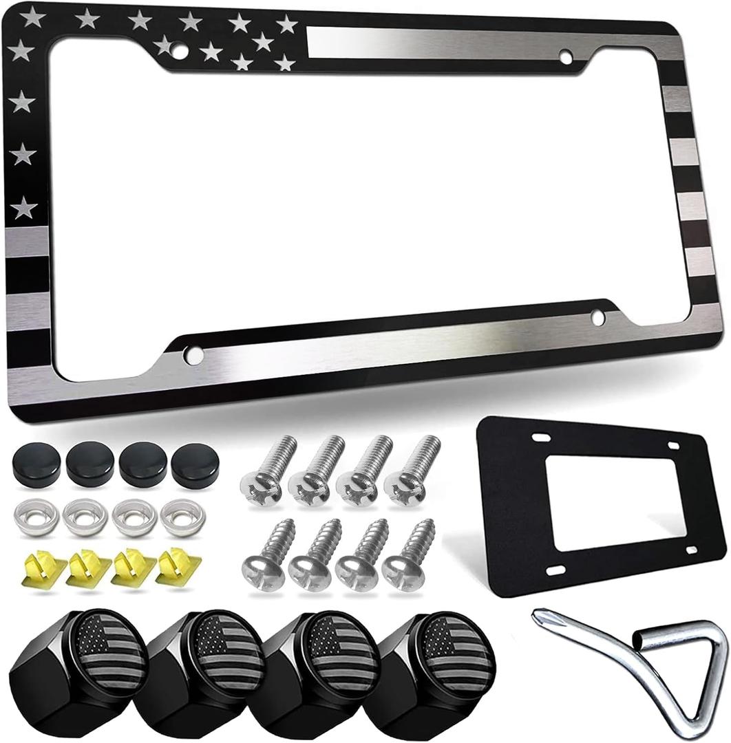 Tuersan American Flag License Plate Frame Patriotic USA Flag Car Tag Cover, Rust Rattle Proof Aluminum Holder with Mounting Hardware Kit,Rust Resistant Screws Bolts,Black Caps, Tire Valve Stem Caps