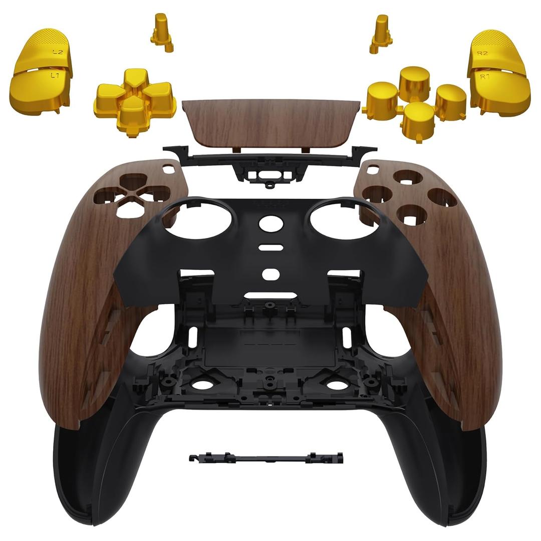 EXtremeRate Full Set Shell with Buttons Touchpad Cover Compatible with ps5 Edge Controller, Wood Grain & Black Replacement Decorative Trim Shell Front Back Plates Compatible with ps5 Edge Controller
