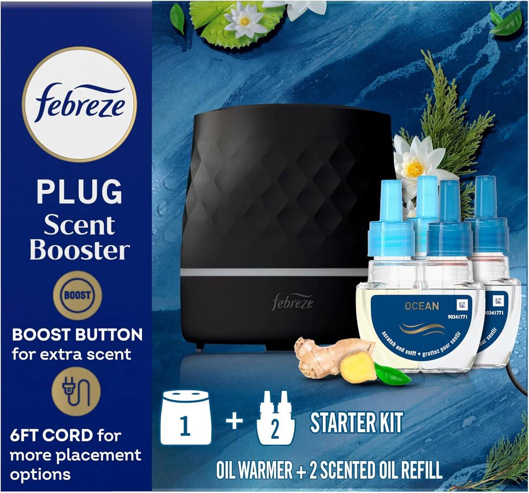 Febreze PLUG Scent Booster Starter Kit, Black, Oil Diffuser, Air Freshener Plug In, Continuous Scent Device + 2 Ocean Refills