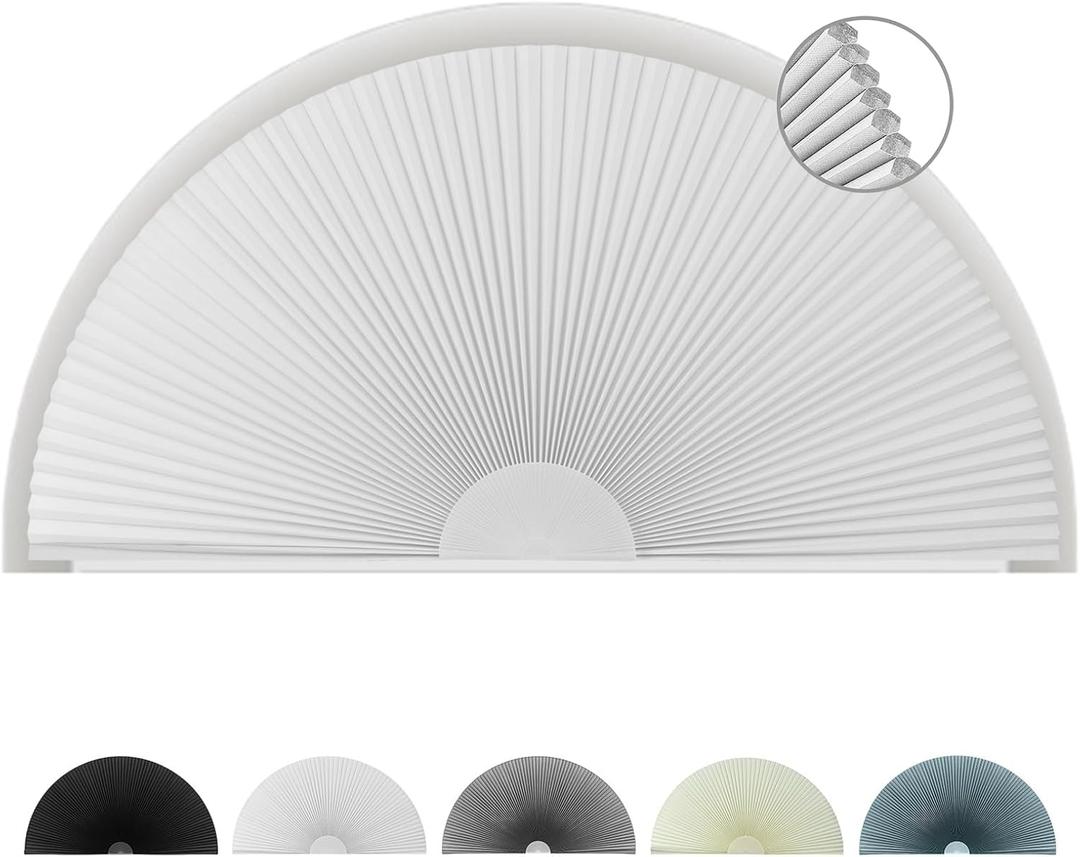 Blackout Half Circle Window Shade No Drill Thermal Arched Cellular Half Moon Black Out Honeycomb Blinds for Home Indoor Windows (White, 36" W x 18" H)