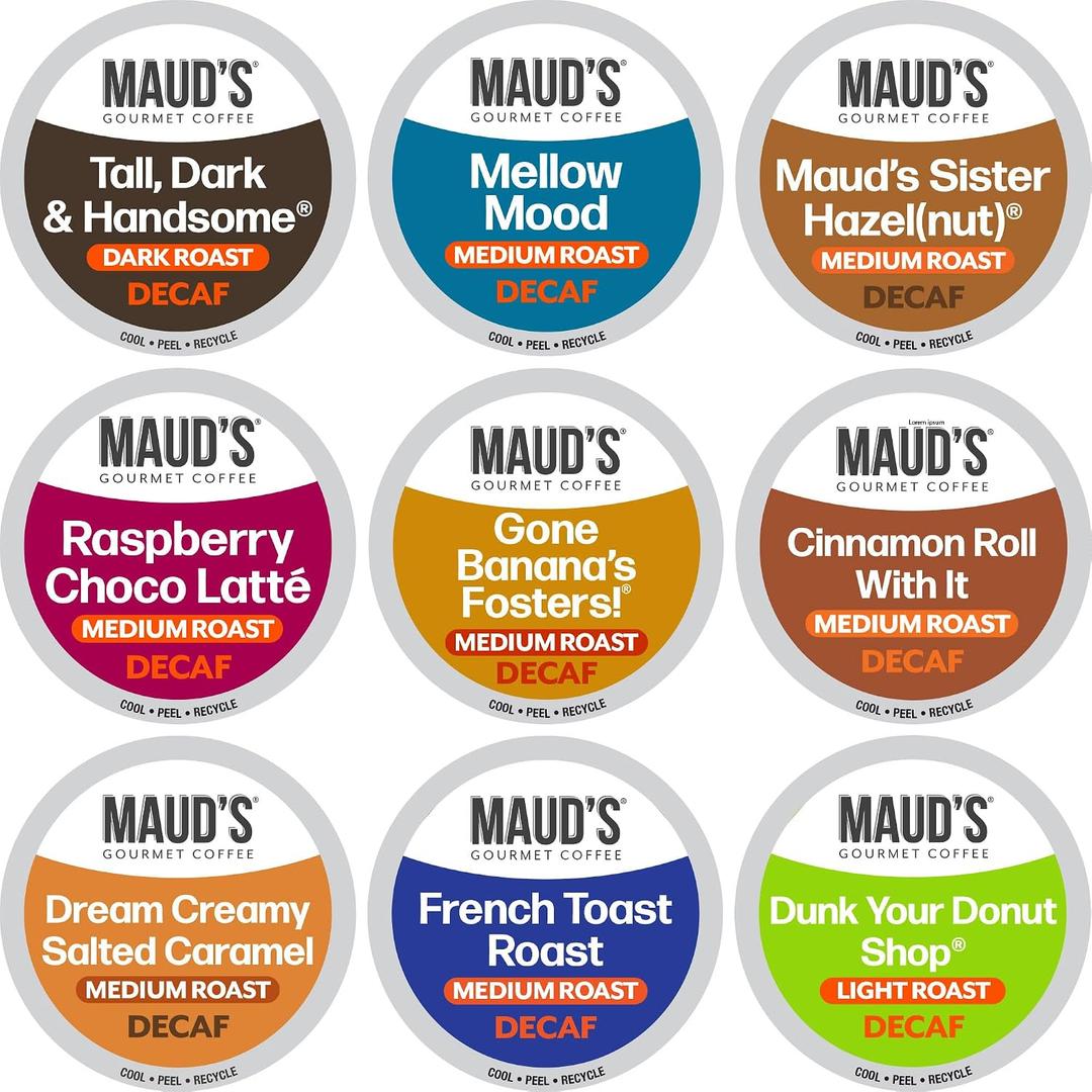 Maud's Decaf Coffee Pods Variety Pack, 80 ct, 9 Assorted Roasts & Flavors, Decaffeinated Medium Roast Coffee in Single Serve Pods - 100% Arabica Coffee, Compatible with Keurig K Cups Maker (EXP 06/16/28)