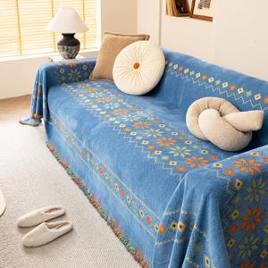 Boho Sofa Blanket Cover,Geometrical Bohemian Throw Blanket,Boho Couch Covers for Sofa,Chenille Boho Couch Cover Blankets for Sofa,Boho Sofa Cover with Tassels,Blue_71" x150/180x380cm