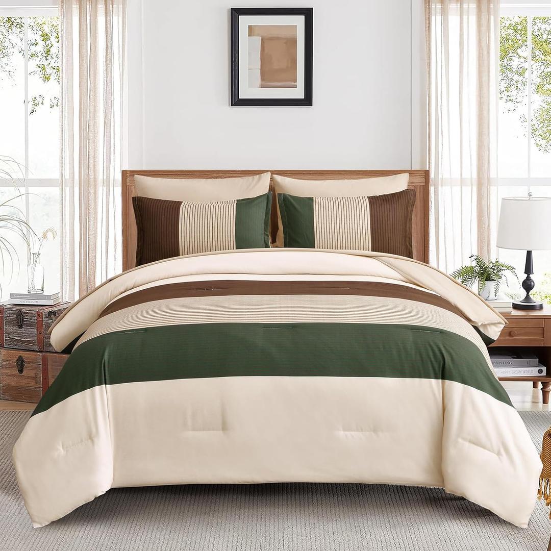 Striped Comforter Set Queen Size, Boho Brown Green Striped Bedding Comforter Set 7 Piece Bed in a Bag, Soft Microfiber Down Alternative Farmhouse Bedding Set for All Season(90"x90")