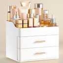 HBlife Makeup Organizer for Vanity with 2 Drawers, Large Bathroom Countertop Cosmetics Organizer Skin Care Storage, Easy to Store Lipsticks, Nail Polishes, Perfumes, Eyeshadow Palettes, All White (Medium)