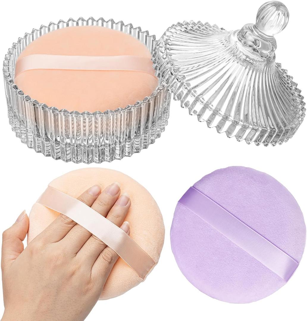 3 Pcs Extra Large Body Powder Puff and Container - 6 Inch Glass Dusting Powder Container with Puff, Body Powder Puff for Women Soft Washable Reusable Fluffy Makeup Wet Dry