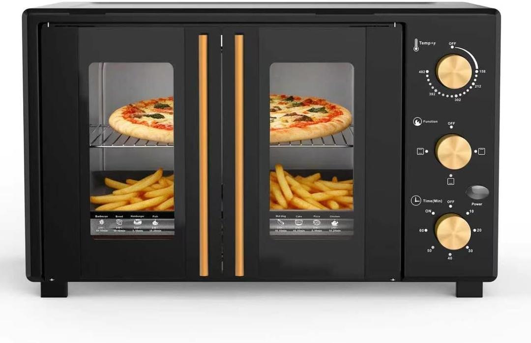 GIHETKUT French Door electric Knob Oven,35 QT Extra Large Oven，18-Slice Convection Oven3-Control Knobs, Bake Broil Toast Grilled Meat Keep Warm, black Metal,Equipped with a tray and a rack.