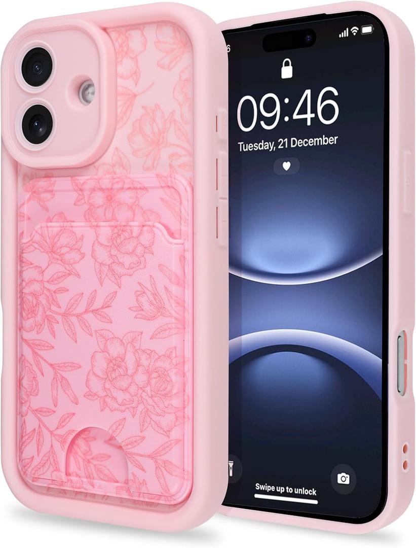 MZELQ Compatible with iPhone 17 Case 2025 Silicone Card Holder, Cute Pattern Rose Flower Floral Cover for Girls Women -Pink