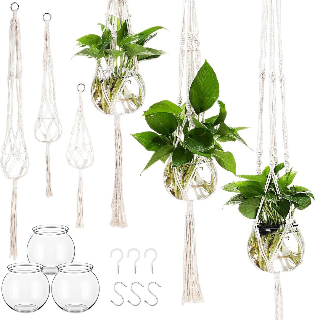 3 Pcs Plastic Plant Propagation with Boho Macrame Hanger Wall Plant Propagation Station Hanging Holder Include Hooks Kit for Indoor Home Garden Office Decor 3 Size (White)