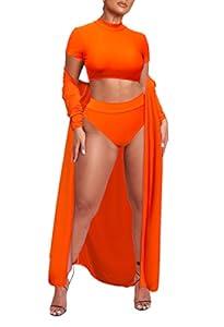 Viottiset Women's 3 Piece Siwmsuit Cover Up High Waist Crop Top Bikini Bathing Suit Orange XLarge