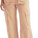 Cargo Pants for Women Low Rise Drawstring Waist 7 Pockets Hiking Work Wide Leg Pants with Zipper Button Closure Khaki