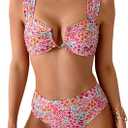 MakeMeChic Women's High Waisted Bikini Sets Floral Swimsuit Bathing Suit Swimwear (Large, Multicolor)