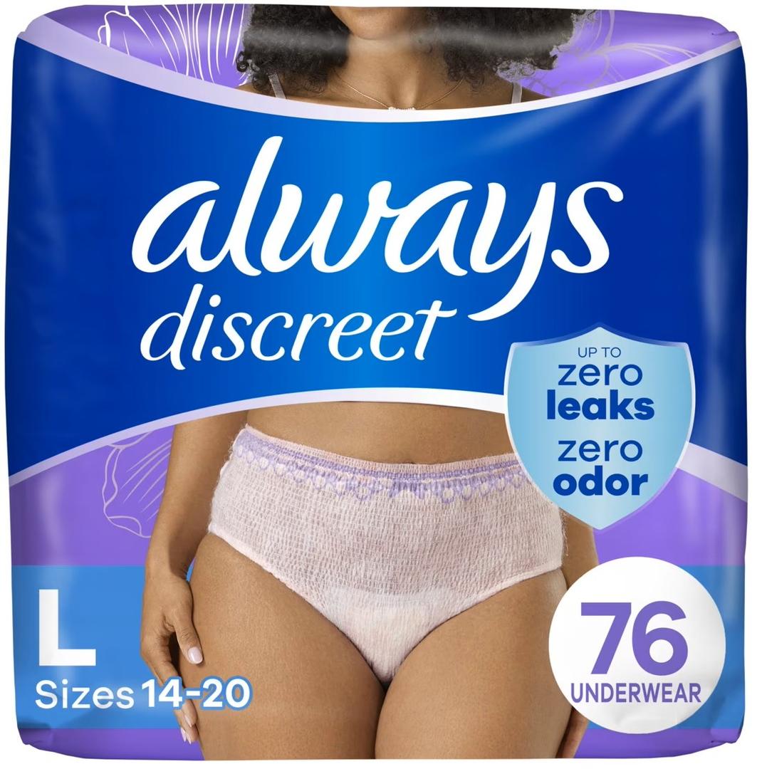 Always Discreet Adult Incontinence Underwear for Women and Postpartum Underwear, L, Up to 100% Bladder Leak Protection, 76 Count Always Discreet Adult Incontinence Underwear for Women and Postpartum Underwear, L, Up to 100% Bladder Leak Protection, 76 Count