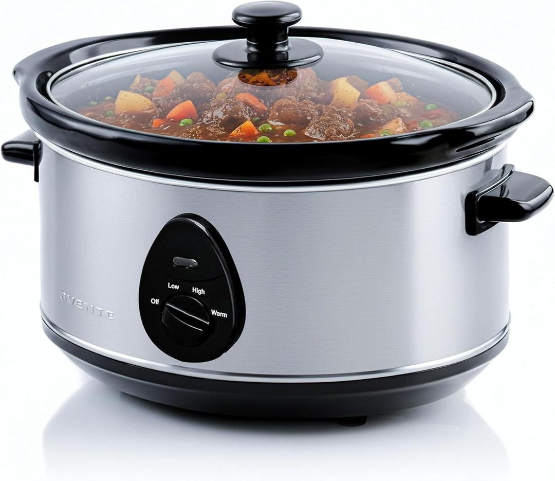 OVENTE Electric Slow Cooker with 3 Cooking Settings, Non-Stick and Dishwasher Safe Stoneware, Stainless Steel Body, Glass Lid, 3.7 Qt Oval Pot for Entrees, Soups, Sauces, Stews & Dips, Silver SLO35ABR