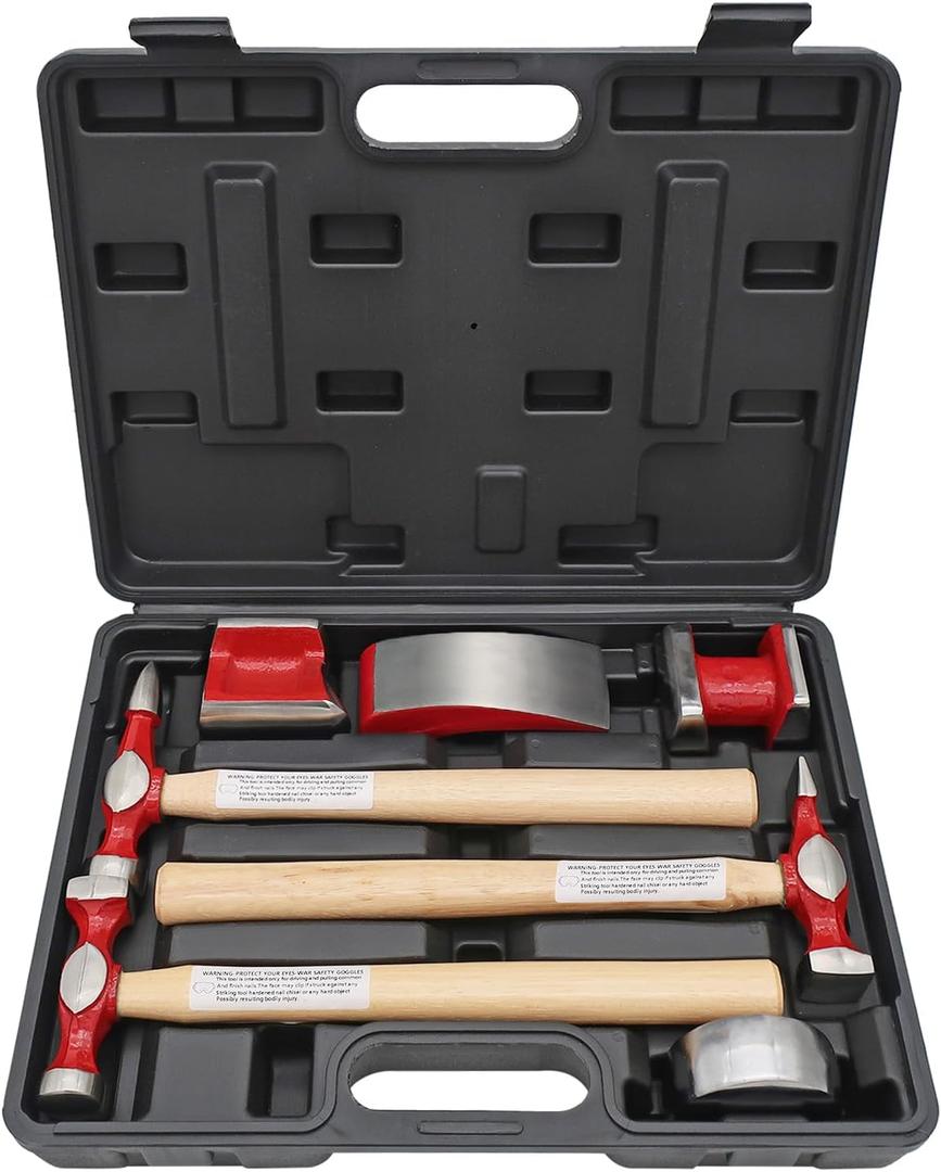 7 Piece Auto Body Repair Kit，Hammer and Dolly Tools with Carbon Steel on Wood Handles,Performance Heavy Duty Dollies Set,Roller Fixer Dent Remover Tool.