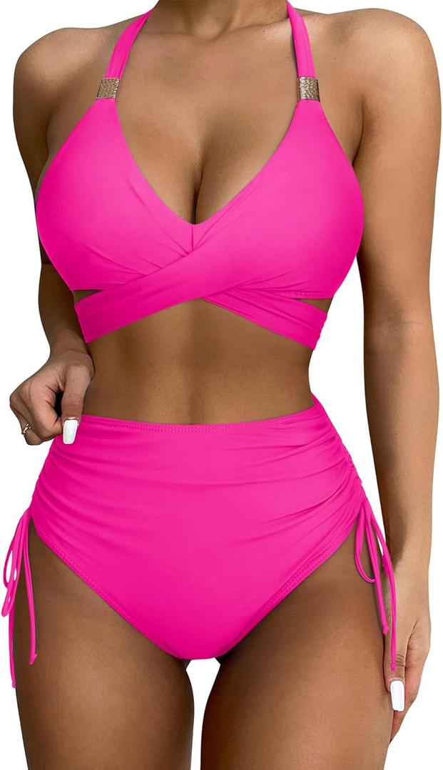 SUUKSESS Womens High Waisted Bikini Sets Tummy Control Drawstring Tie Knot Swimsuit (Medium, Pink) SUUKSESS Womens High Waisted Bikini Sets Tummy Control Drawstring Tie Knot Swimsuit (Medium, Pink)
