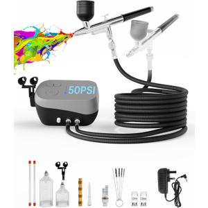 Airbrush Kit with Air Compressor,Dual-Action & Dual-Airflow 50 PSI High Pressure Air Brush with 0.2/0.3/0.5mm Nozzles & Cleaning Sets, for Painting, Nails, Modeling, Cake Decor, Makeup