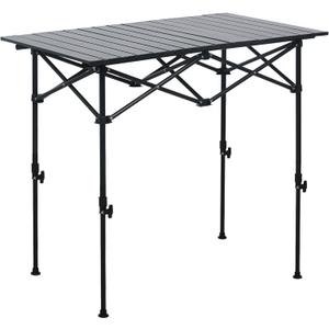LOFTEY Folding Camping Table, Adjustable Height Aluminum Camp Table with Roll Up Top, Lightweight with Carry Bag, Portable for Camping, Backyard BBQ, Tailgating, 37.4" L x 21.7" W x 32" H, Black, 35" x 21.9" x 29.5"