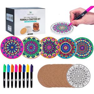 Hula Home Color Your Own Coaster Mandalas w/Markers | 8 Absorbent Ceramic Tiles w/Cork Base | Gift Arts and Crafts DIY Kit for Adults, Hobby, Teens, Seniors, Women, Elderly