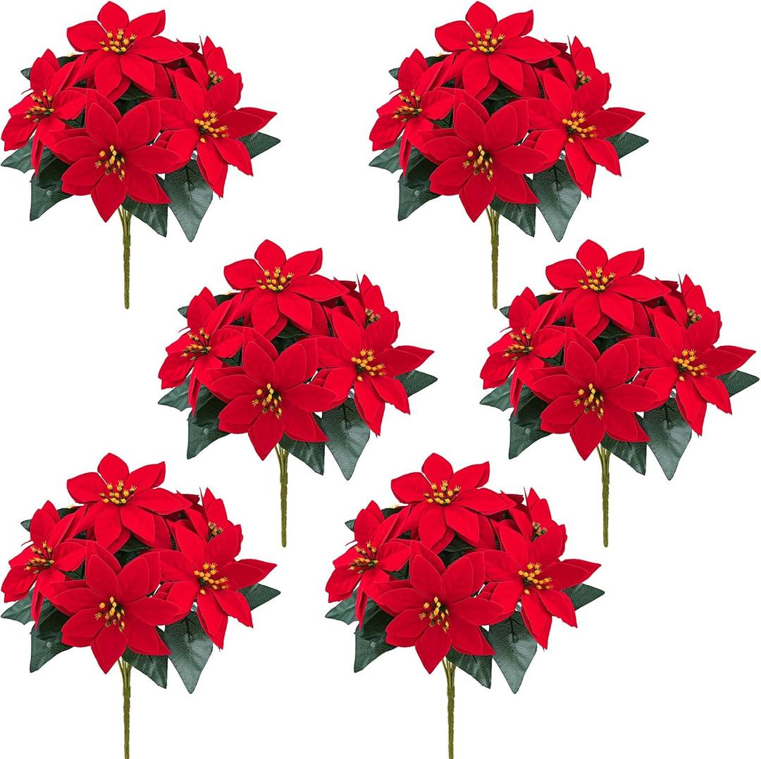 MARTINE MALL 6 Packs Poinsettia Flowers Artificial, 7 HeadsPoinsettia Christmas Decoration, Velvet Poinsettia Bouquet Christmas Flowers Poinsettia Bush for Christmas Xmas Tree Porch Home Decoration
