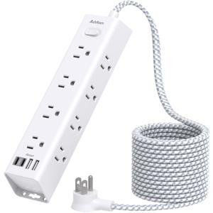Surge Protector Power Strip - 10 FT Extension Cord, Power Strip with 12 Widely AC Outlet 4 USB, Flat Plug Wall Mount Overload Protection, 1050J, Desk Charging Station for Home Office, ETL Listed,White