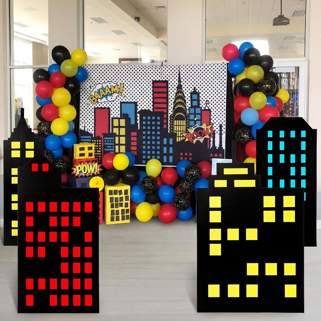 4 Pcs Hero Large Stand Party Decorations Set with Sturdy Bases Skyscraper Big Yard Sign for Hero Theme Birthday Party Backdrop City Skyline Buildings Photo Booth Props Supplies