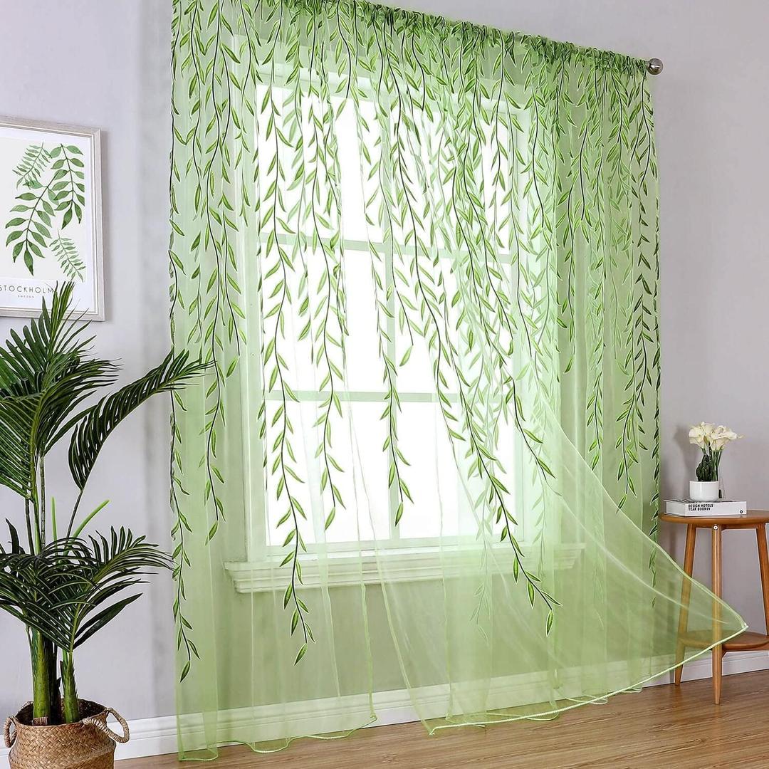 Green Sheer Curtains 108 Inches Long for Living Room, Vine Leaf Patterned Curtains 2 Panels Green Bedroom Curtain Sheers Voile Transparent Window Treatment Drapes for Closet Doorway Nursery Kids