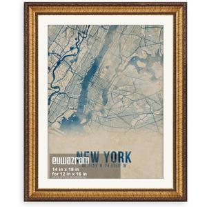 Ornate Classic Gold 14x18 Picture Frame with Mat for 12x16, 14 x 18 in / Matted to 12 x 16 in