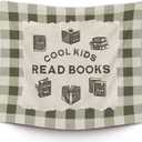 XLDLIOO Cool Kids Read Books Wall Tapestry, Vintage Classroom Wall Tapestry Hanging, Green Buffalo Checkered Tapestries Decor Art for Kids Reading Room Corner Nook Library Classroom, 50x60in