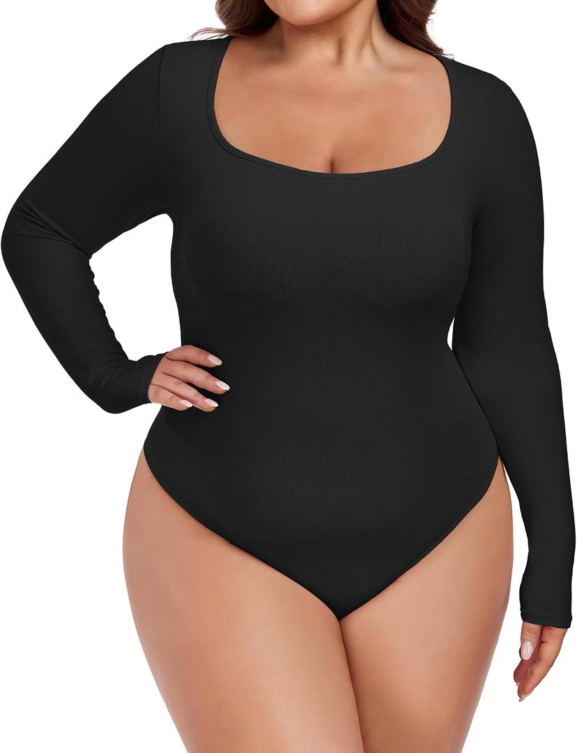 FOREYOND Plus Size Bodysuits for Women Long Sleeve Scoop Neck Bodysuit Sexy One Piece Body Suit Tops (Black, XXXL)