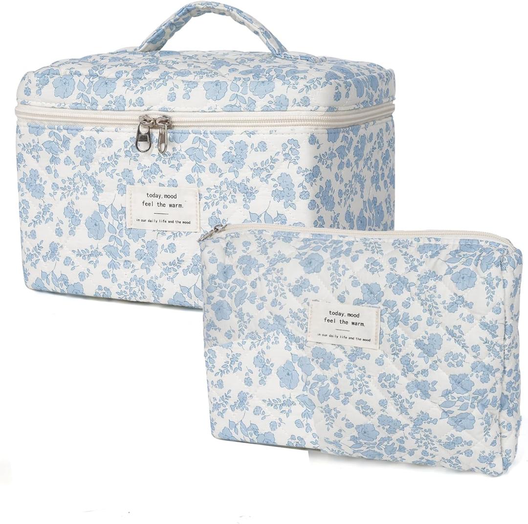 Makeup Bag, Quilted Cosmetic Bag, Large Floral Make Up Bag for Women, Makeup Bag Set, Flower Travel Toiletry Bag (Color 02)