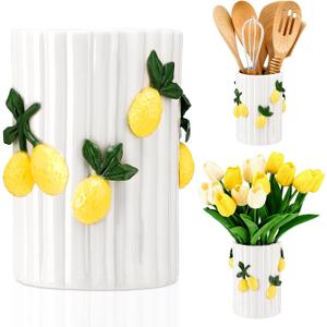 LemonRoad Lemon Kitchen Decor Ceramic Utensil Holder 3D Handmade Lemon Cooking Utensil Crock with Scalloped Edge Design Preppy Storage Caddy Organizer Vase Decor for Christmas Kitchen Countertop Gift