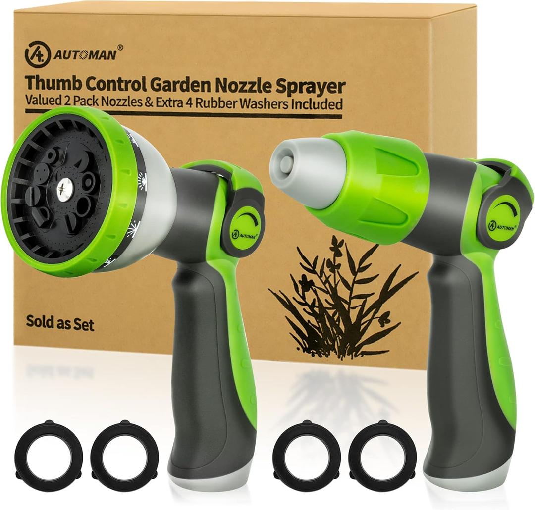 AUTOMAN Garden Hose Nozzle - 2 Pack, Thumb Control Sprayer, Slip-Resistant Water Nozzle, Extra 4 Washers, for Watering Plants Lawn & Garden, Cleaning, Washing Car, Showering Pets, Compact, Handheld