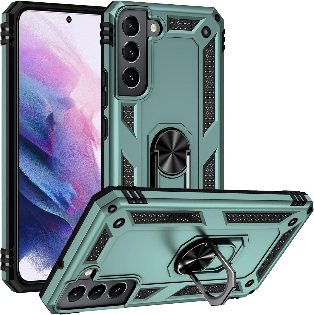 Case for Samsung Galaxy S22 6.1" 2022, Hybrid Heavy Duty Bumper Cover with Rotate Holder Kickstand and Magnetic Plate (Dark Green)