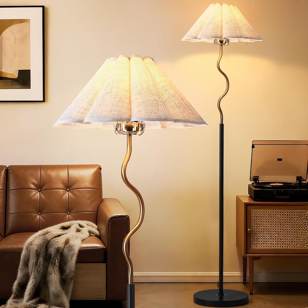 Gold Floor Lamp with Pleated Linen Lampshade, Modern Flower Floor Lamp for Living Room Arc Standing Lamp for Bedroom Office Dining Room