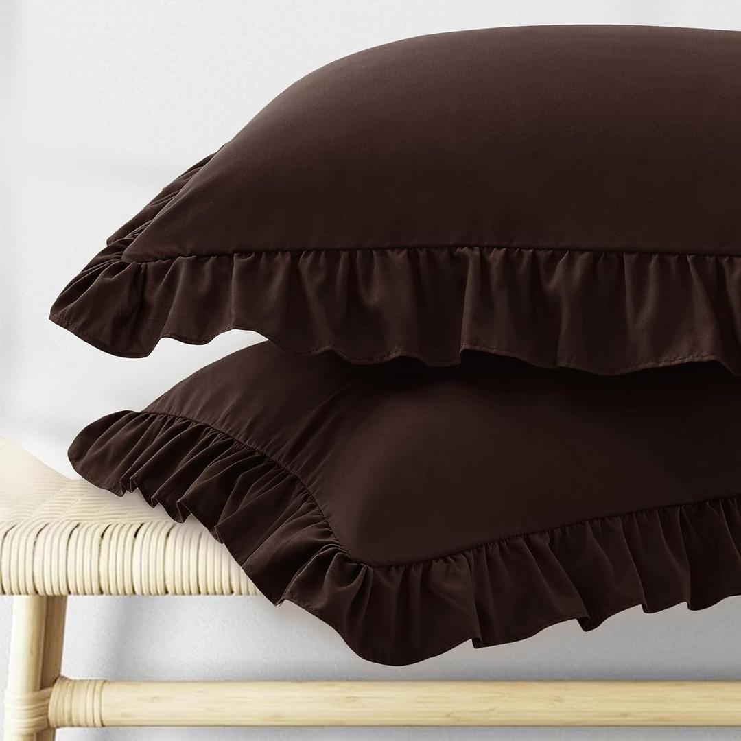 KKJIAF Ruffle Pillow Cases Standard Size Set of 2, Ruffled Pillow Covers with Envelope Closure, Wrinkle Resistant Ruffled Pillow Shams 20" x 26", Brown