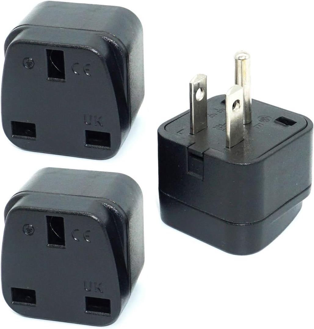UK/KSA/UAE/Singapore to US/Canada Plug Adaptor, 3-pin UK Plug Convert to 3-pin United State/Canada Socket with Safety Shutter (3 Pieces)