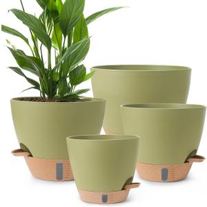 Plant Pots,12/10/9/8/ Inch Large Plastic Self Watering Flower Pots Indoor Outdoor with Drainage Holes, Deep Reservoir,Nursery Planting Pot for Indoor Out Door Plants (Green)