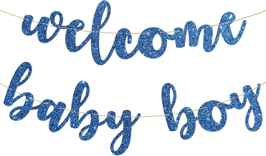 Welcome Baby Boy Banner - Blue Glitter Party Sign for Baby Shower, 1st / 6 Months/Gender Reveal Celebration