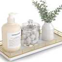 Bathroom Tray for Counter Top Organizer  Oak Wood Vanity Tray with Metal Frame for Dresser, Kitchen, Nightstand  Gold & White Decorative Storage (11" x 4.5" x 1.5")