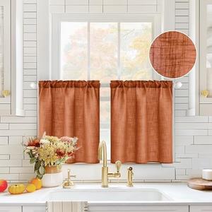 MIULEE Fall Cafe Curtains 24 Inch Length Half Window Farmhouse Short Linen Semi Sheer Curtain for Kitchen Bathroom Basement Small Window, Rod Pocket Tier Curtains 2 Panels, Burnt Orange