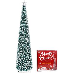 QUIENKITCH 6FT Pop Up Christmas Tree - Snowflake Tinsel Christmas Tree with Star Topper | Collapsible Tall Skinny Pencil Tree Xmas Decoration for Holiday Home Office Party