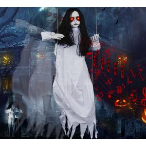Scary Halloween Decorations Outdoor Hanging Swinging Girl with Sound & Slap Activated, Light Up Eyes Creepy Sound Expressions, Large Scary Halloween Decor Props for Indoor Outside
