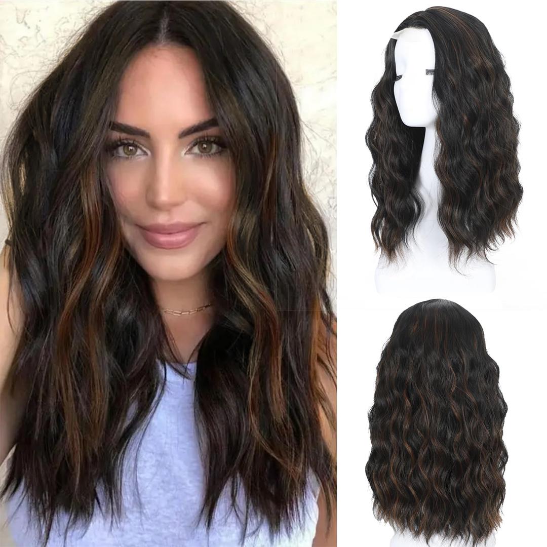 Black Mix Brown Wavy Wigs for Women 18 Inch Medium Length Short Wavy Wig Middle Part Synthetic Heat Resistant Natural Looking for Daily Party Halloween Use