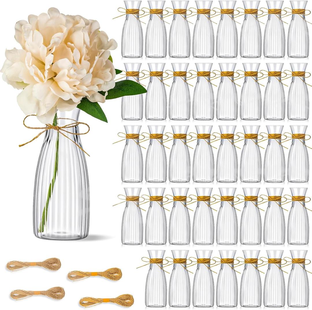40 Pcs Plastic Bud Vases Bulk with Twine Ropes,Transparent