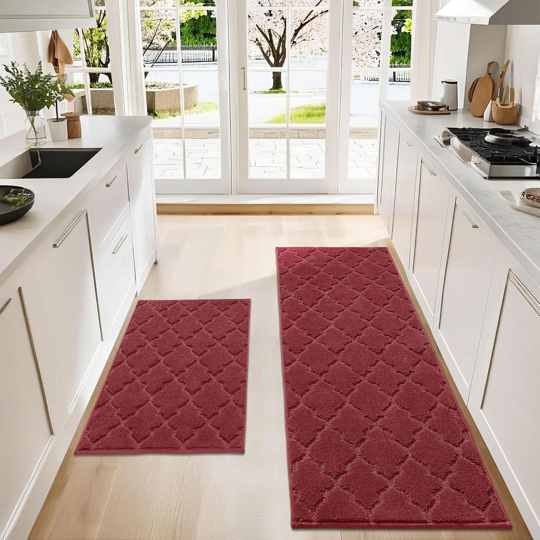 COSY HOMEER Soft Kitchen Rugs [Pack of 2] for in Front of Sink Super Absorbent Kitchen Floor Mats and Mats 24x35 Inch/24X60 Non-Skid Kitchen Mat Standing Mat Washable, Polyester, Red