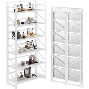JSB No Assembly Folding Bookshelf, 6 Tier Industrial Metal Book Shelf for Storage, Vintage Wood Foldable Bookcase for Living Room, Bedroom, Office Organization Shelves