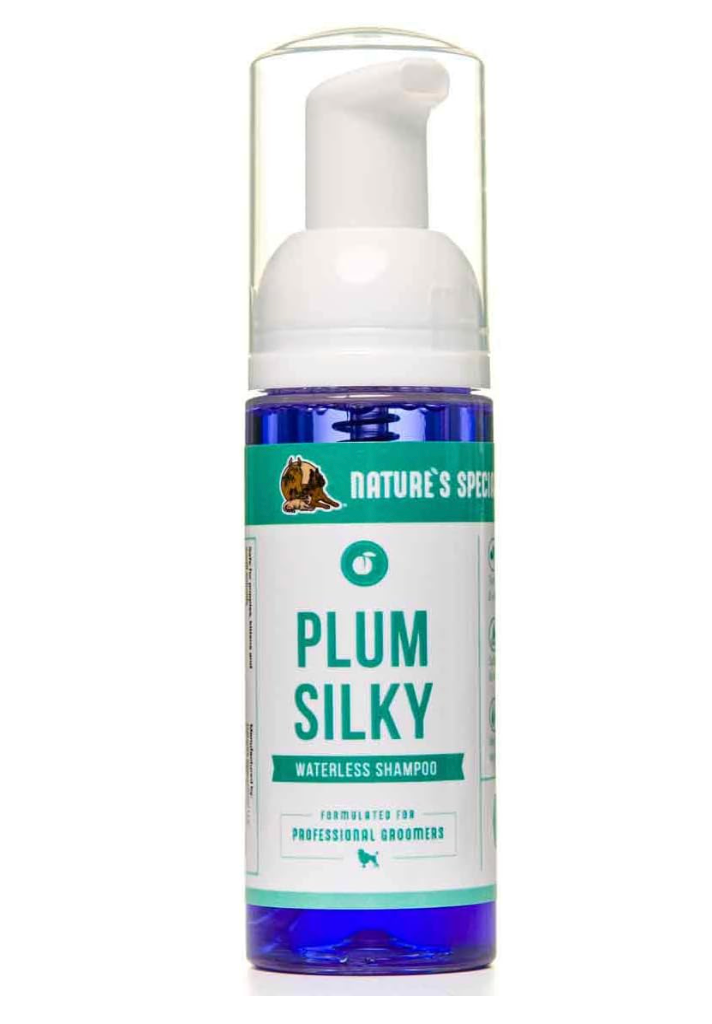 Nature's Specialties Plum Silky Waterless Dog Shampoo for Pets, Natural Choice for Professional Groomers, Leave in or Rinse Out, Made in USA, 7.5 oz